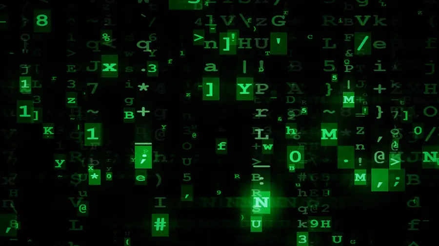 Green characters falling in columns down a black screen