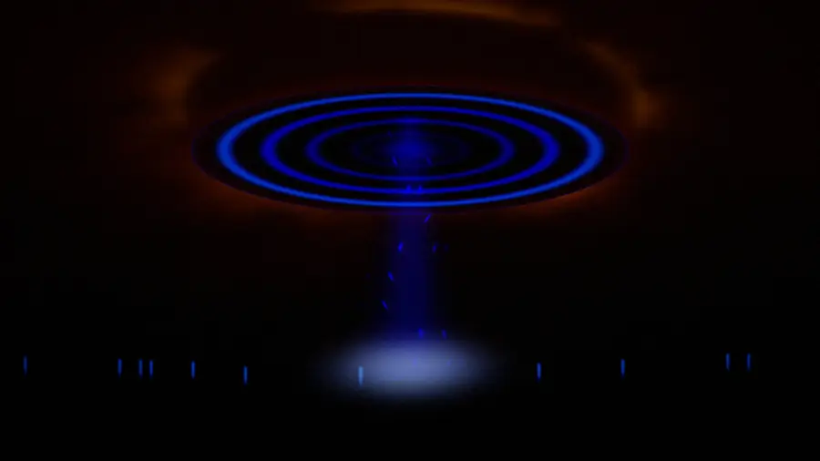 A disc of blue concentric rings casting a beam down onto dark ground