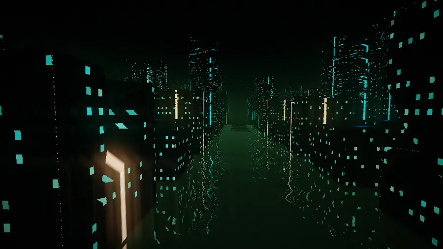 A neon city corridor rendered by DemoForge