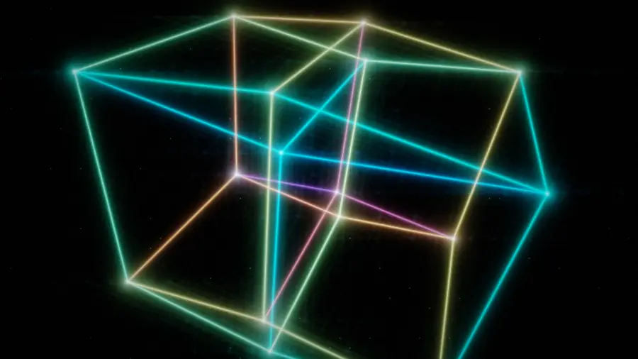A neon wireframe hypercube tumbling against black