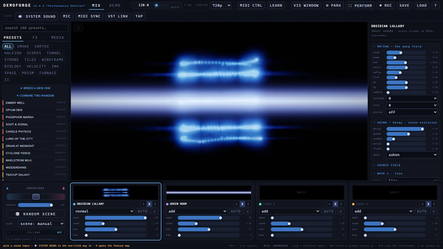 DemoForge in MIX mode: a searchable preset browser with family tabs on the left, the live output in the middle, a parameter panel on the right, and four layer strips with blend modes and a crossfader along the bottom