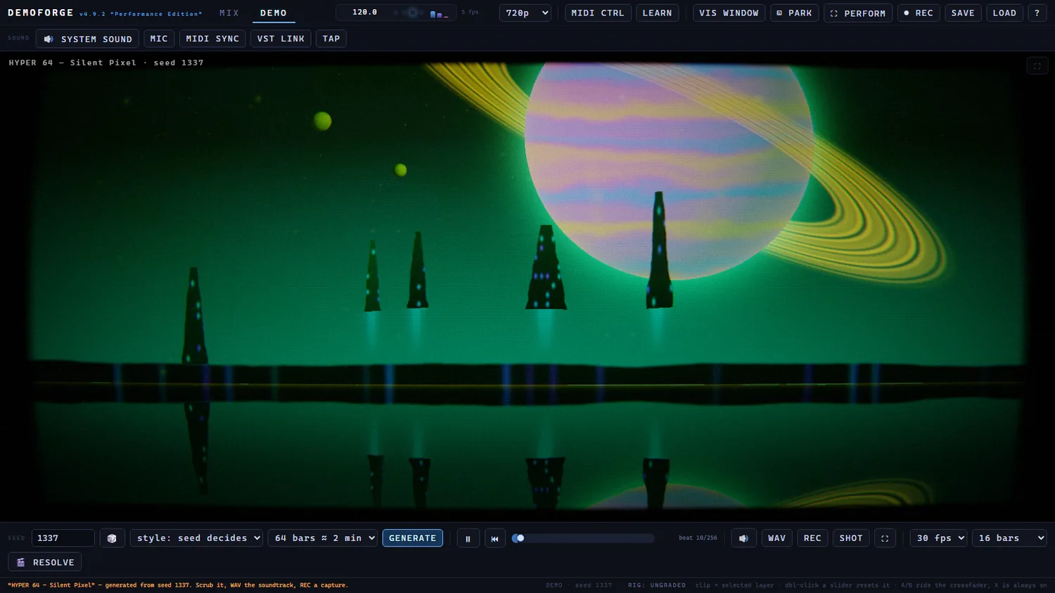 DemoForge running a generated scene