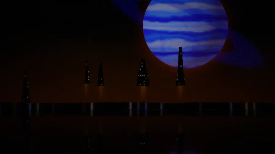 A blue banded planet rising over a dark shore lined with small lit towers